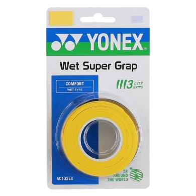 Yonex Overgrip Wet Super Grap 0.6mm (Komfort/gładki/lekko klejący) żółty 3 szt.